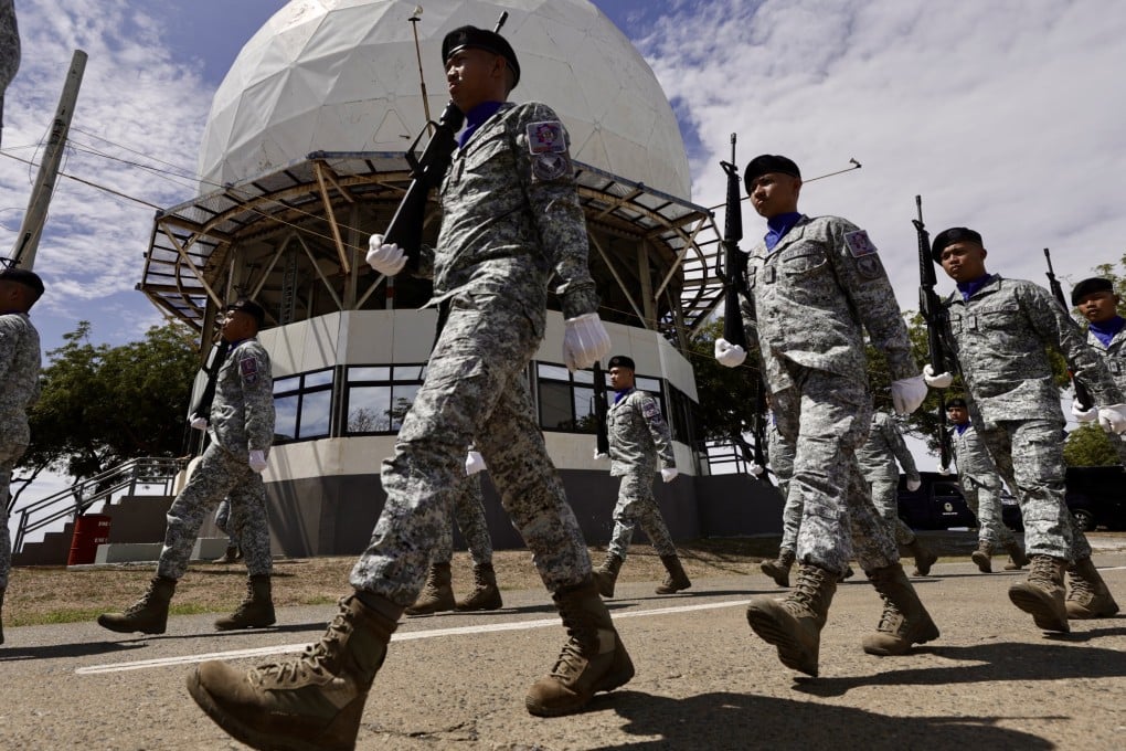 Filipino soldiers march inside a military airbase in La Union province, the Philippines, in February. Photo: EPA-EFE
