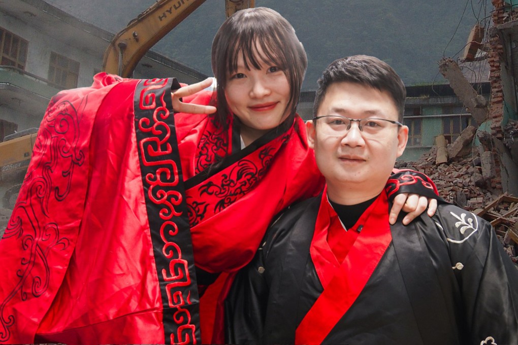 At a mass wedding in China a couple shared a touching love story: the woman, trapped under rubble during an earthquake aged 11, was saved by a rescuer. Years later, they met again, fell in love and got married. Photo: Douyin