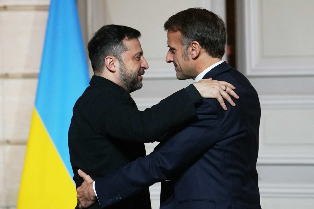 Ukrainian President Volodymyr Zelensky and French President Emmanuel Macron in Paris on Monday. Photo: AFP