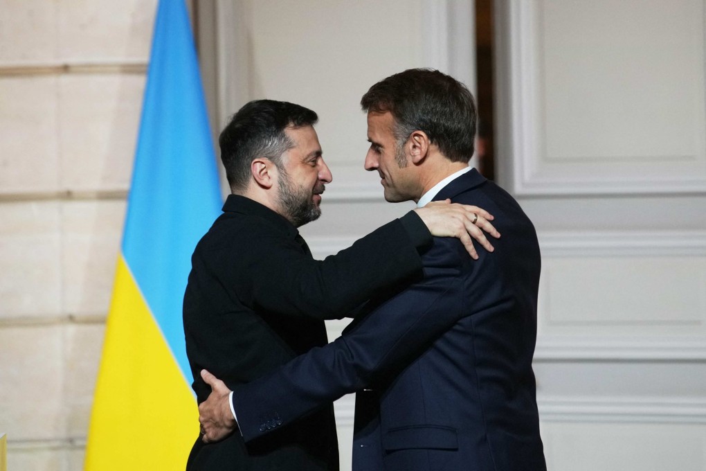 Ukrainian President Volodymyr Zelensky and French President Emmanuel Macron in Paris on Monday. Photo: AFP