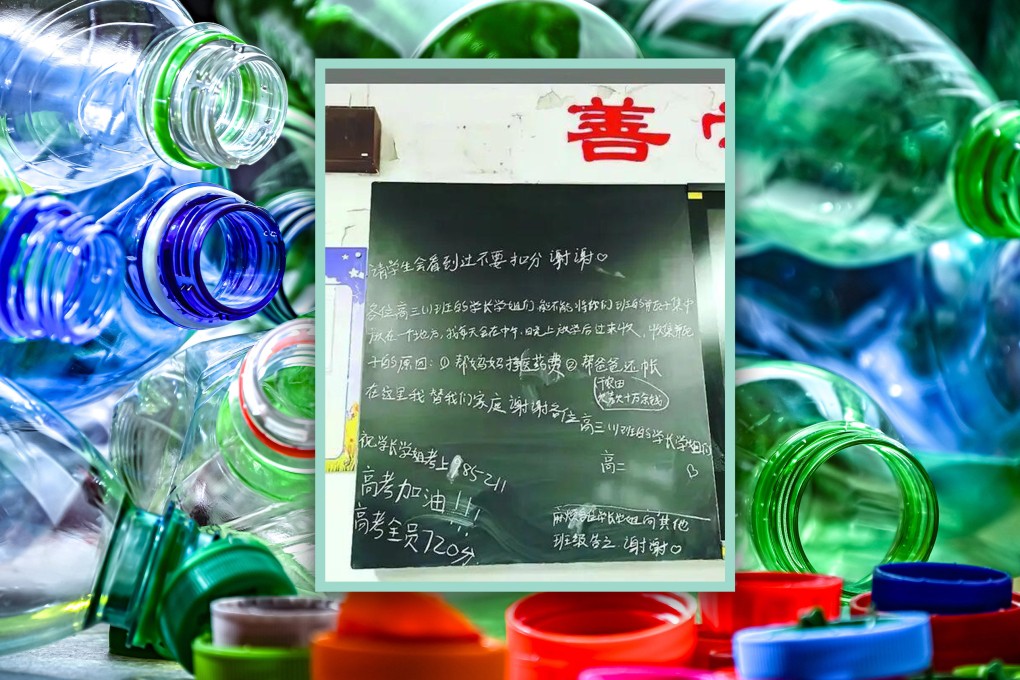 A secondary school pupil asked his classmates to leave their used drink bottles for him to collect and sell to help pay his mother’s medical bills and his father’s debts. Photo: SCMP composite/Shutterstock/Douyin