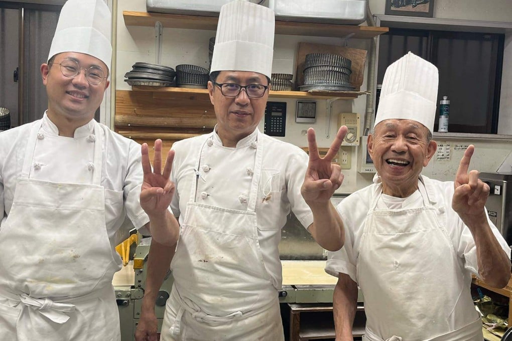 (From right) Yasuo Ono, his son Yoshihide and grandson Kazuki pose in the kitchen of Emily, the cake shop in Owariasahi, in Japan’s Aichi prefecture, that they operate. Photo: Instagram/emily_cake_ono