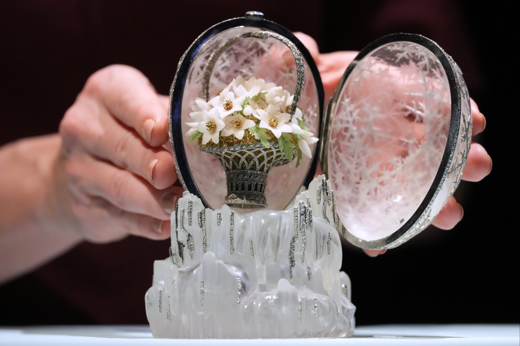 The Winter Egg by Faberge is displayed at Christie’s auction rooms in London on Thursday. Photo: AP