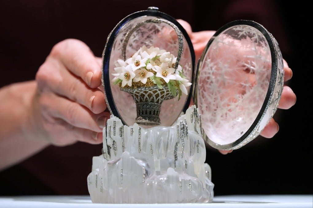 The Winter Egg by Faberge is displayed at Christie’s auction rooms in London on Thursday. Photo: AP