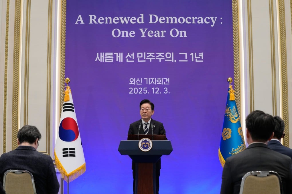 South Korean President Lee Jae-myung speaks at a news conference on Wednesday at the Blue House in Seoul to mark the first anniversary of the martial law crisis. Photo: AP