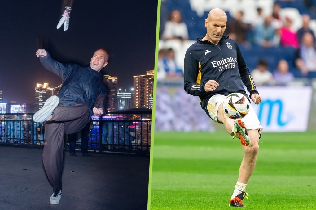 French football legend Zinedine Zidane has captivated mainland social media with videos and photos of him playing a traditional Chinese game of shuttlecock with local residents during a recent visit to Shanghai. Photo: SCMP composite/Shutterstock/Weibo