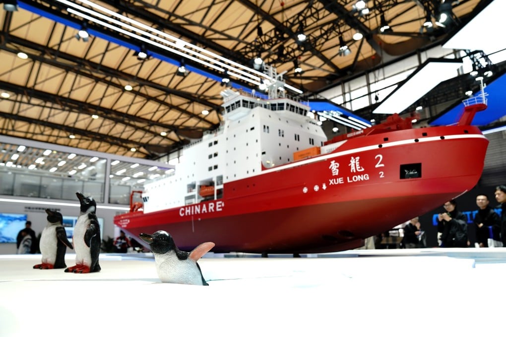 A model of China’s polar research icebreaker Xuelong 2, or Snow Dragon 2, is displayed at the Marintec China exhibition at the Shanghai New International Expo Centre in Shanghai. Photo: Xinhua