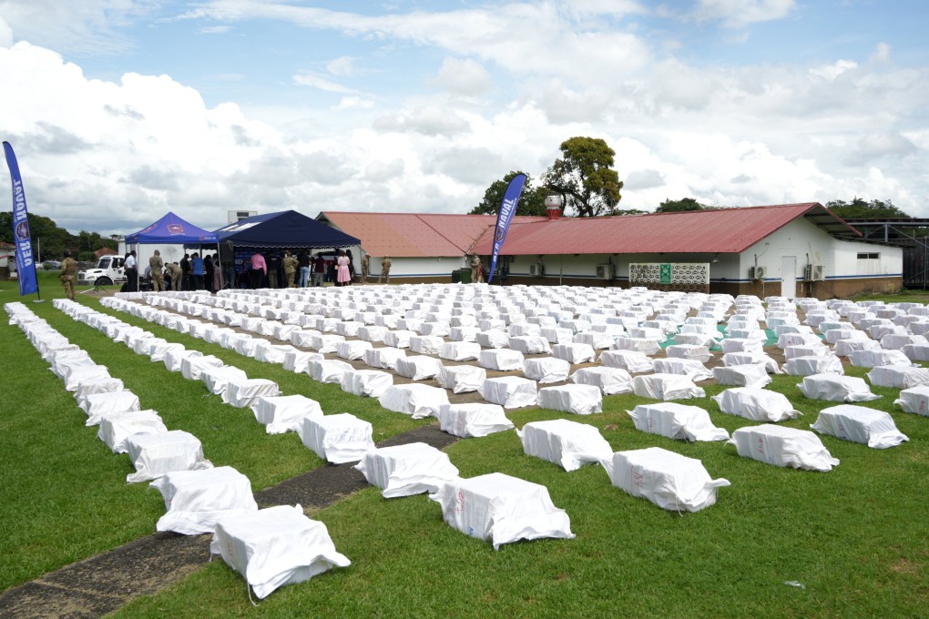 Packages of seized cocaine lined up in Panama City, Panama in November. A tugboat carrying 13,508kg of cocaine, was intercepted in Panamanian Pacific waters as it sailed to North America from Colombia, according to Panamanian authorities. Photo: EPA