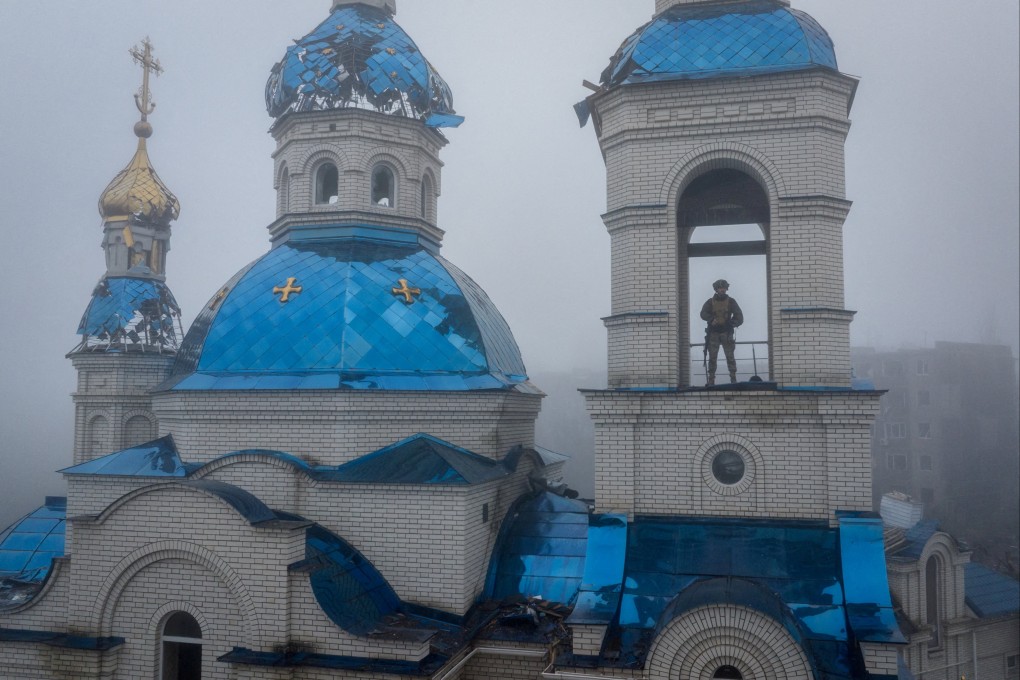 A Ukrainian serviceman stands in church damaged by a Russian military strike in the frontline town of Kostiantynivka on Friday. Photo: Press Service of the 24th King Danylo Separate Mechanised Brigade of the Ukrainian Armed Forces via Reuters