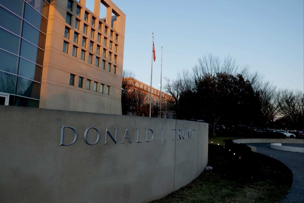 US President Donald Trump’s name on United States Institute of Peace headquarters in Washington. Photo: AP