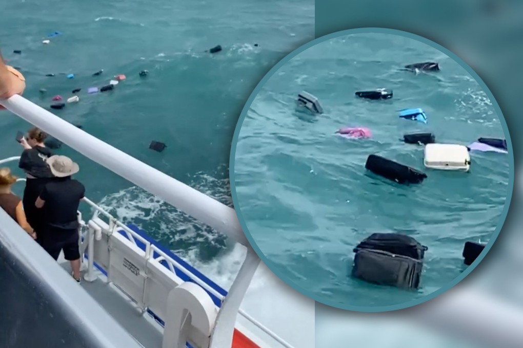 Foreign passengers on a Thai ferry were stunned to see their luggage floating away while enjoying the deck views. Photo: SCMP composite/TikTok