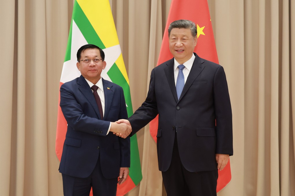 Chinese President Xi Jinping meets Myanmar leader Min Aung Hlaing on the sidelines of celebrations marking the 80th anniversary of the Soviet Union’s victory over Nazi Germany in Moscow on May 9. Photo: Xinhua