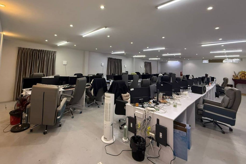 Computers and equipment at an online scam centre in Phnom Penh, Cambodia. Photo: EPA/Agence Kampuchea Presse