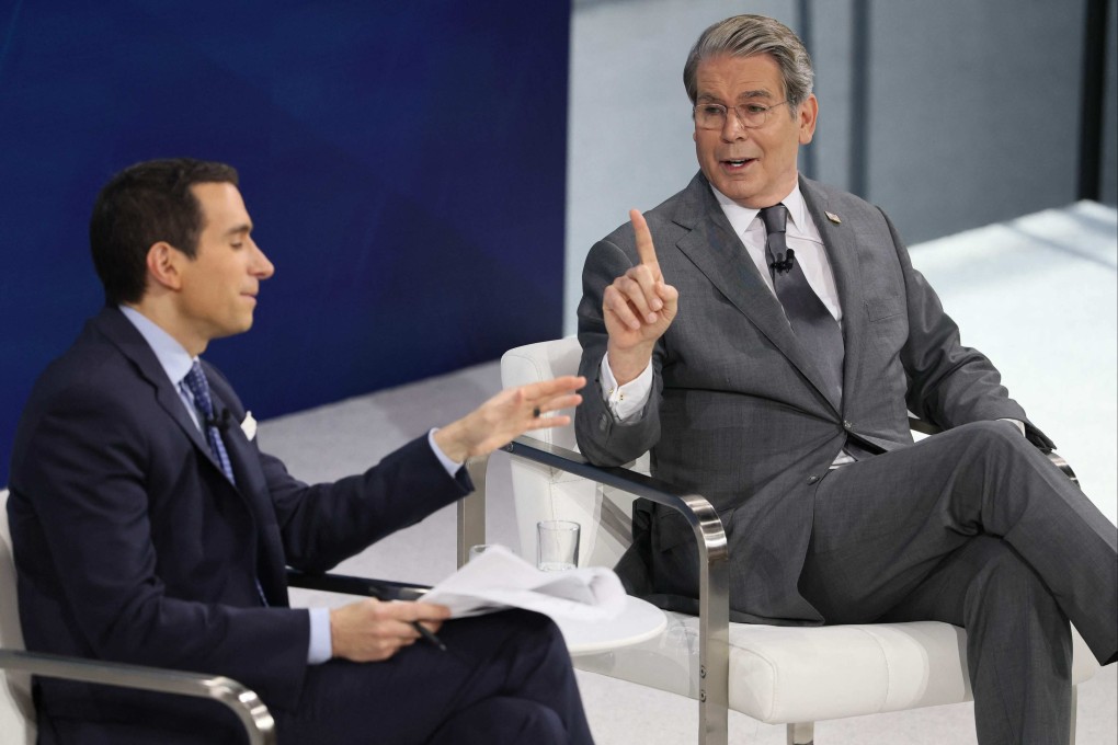 New York Times columnist Andrew Ross Sorkin and US Treasury Secretary Scott Bessent speak during the 2025 New York Times Dealbook Summit at the Lincoln Centre, New York, on Wednesday. Photo: Getty Images via AFP