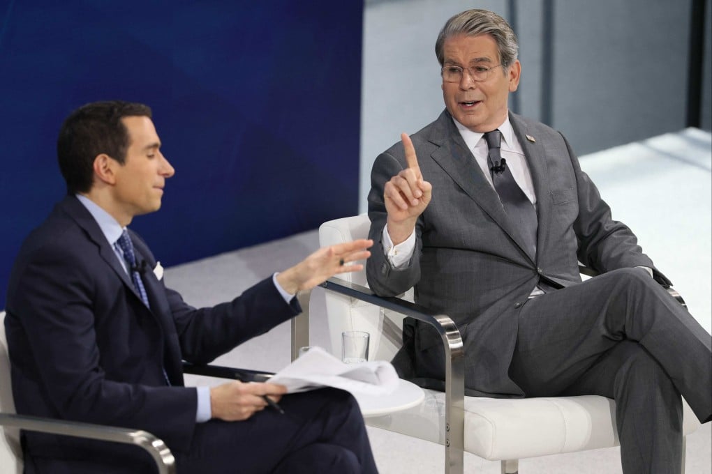 New York Times columnist Andrew Ross Sorkin and US Treasury Secretary Scott Bessent speak during the 2025 New York Times Dealbook Summit at the Lincoln Centre, New York, on Wednesday. Photo: Getty Images via AFP