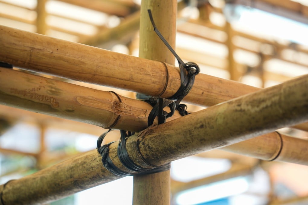 Bamboo poles are seen used in the construction of a pavilion in Sai Ying Pun, Hong Kong. Bamboo is used in everything from construction to food throughout Asia. Photo: Eugene Lee