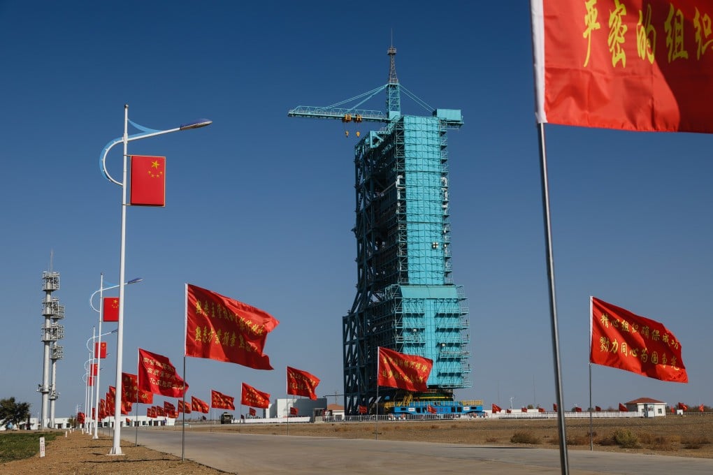 A rocket launchpad is seen amid flags at the Jiuquan Satellite Launch Centre on October 30. China’s commercial space industry is expected to grow rapidly in the coming years. Photo: EPA