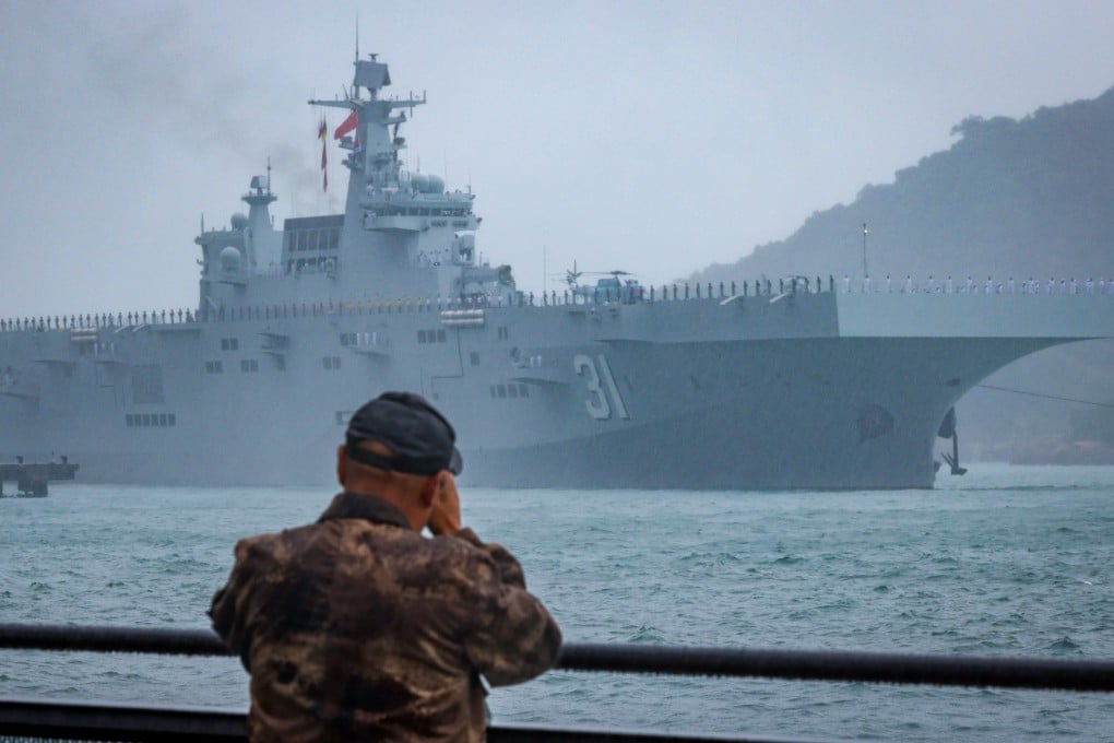 The Hainan is China’s first 40,000-tonne landing helicopter dock and was commissioned in 2021. It has been leading a naval fleet in the Philippine Sea this week, triggering a response from Australia. Photo: Eugene Lee
