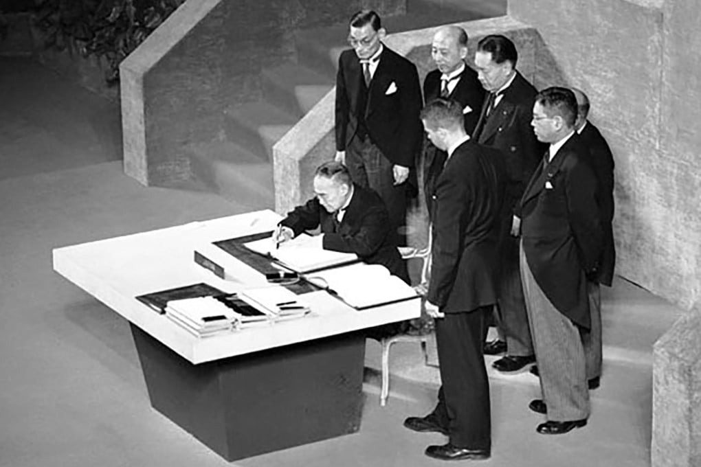 The Japanese delegation signs the Treaty of San Francisco in 1951, a document that is not recognised by Beijing. Photo: Handout