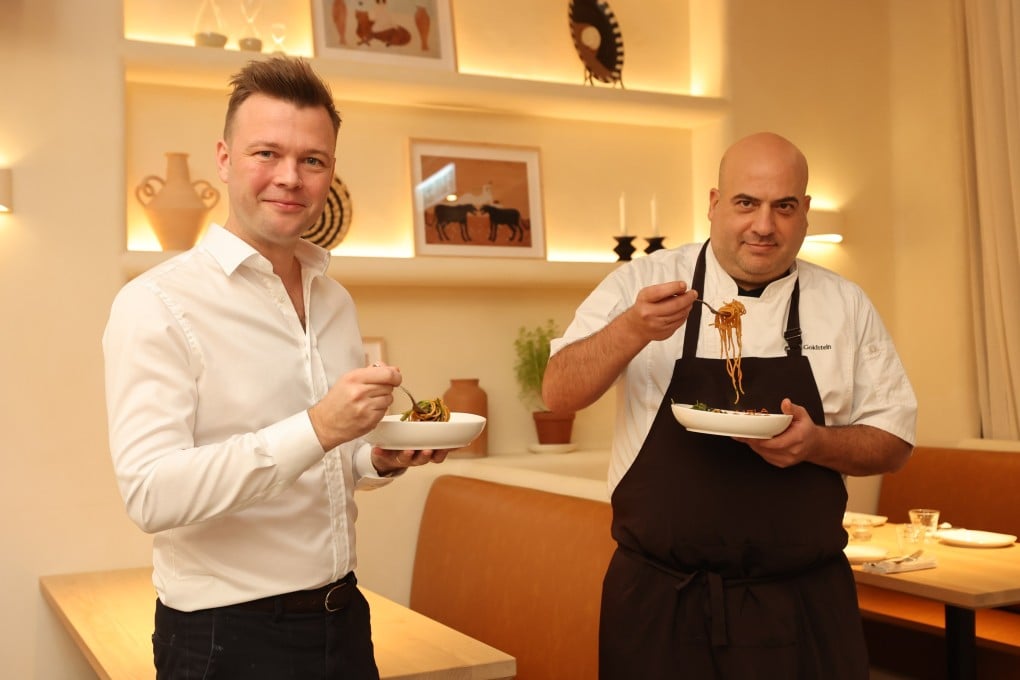 Carmela co-owners James Ward (left) and Asher Goldstein, who are also behind  the Middle Eastern eatery Francis in Wan Chai, and Francis West in Central, are pictured at the new restaurant in Sheung Wan, Hong Kong, on November 11, 2025. Photo: Edmond So
