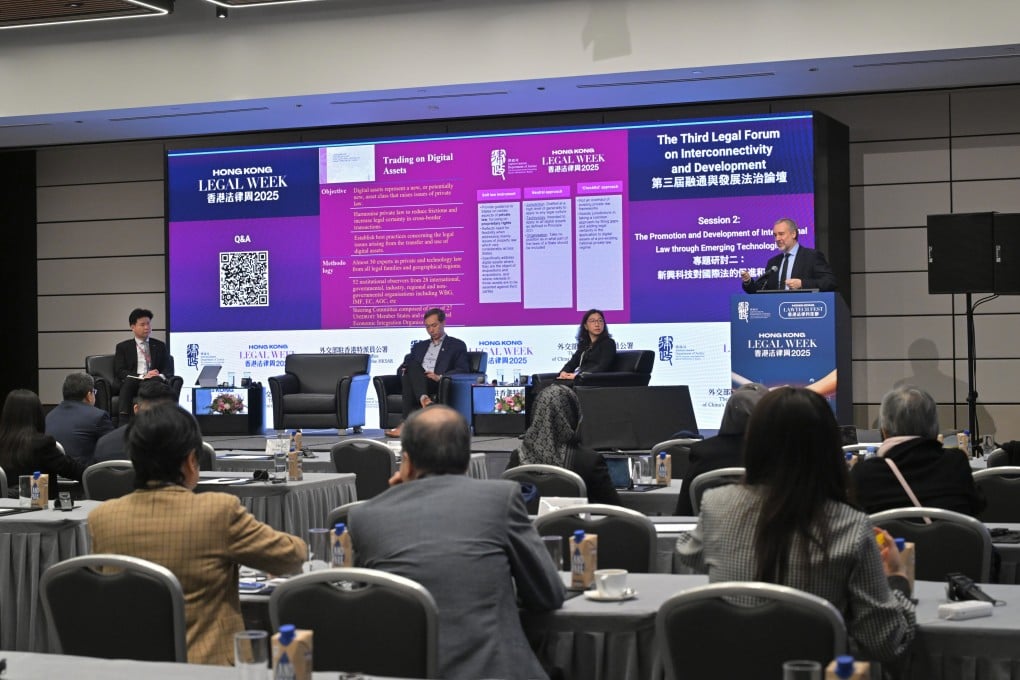Professor Ignacio Tirado (right) secretary general of the International Institute for the Unification of Private Law, delivers a speech during Hong Kong Legal Week on December 2. Photo: Handout