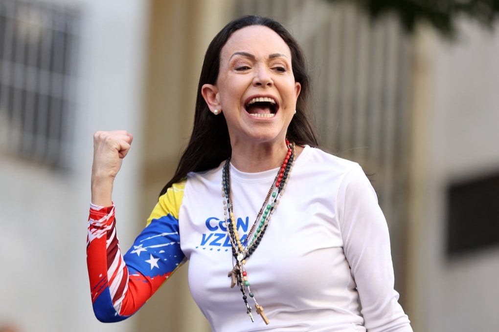 Venezuelan opposition leader Maria Corina Machado gestures as she addresses her supporters during a protest on January 9. Machado lives in hiding in her country. Photo: AFP