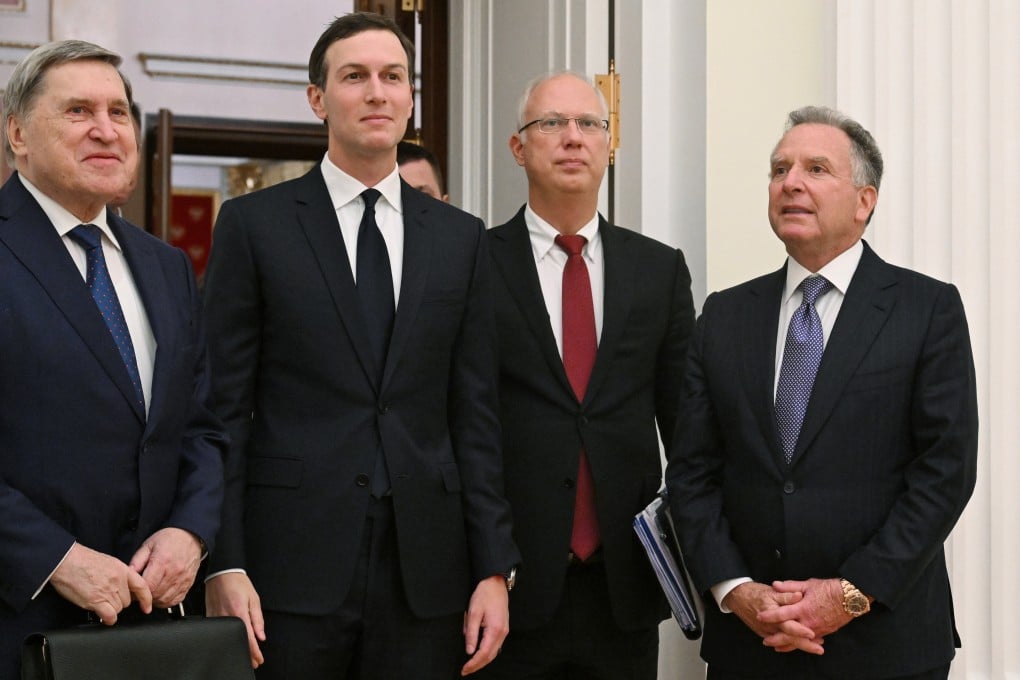 Jared Kushner, US President Donald Trump’s son-in-law, and Kirill Dmitriev, the CEO of the Russian Direct Investment Fund, arrive for a meeting in Moscow on December 2 with Russian presidential foreign policy adviser Yuri Ushakov and US special envoy Steve Witkoff. Photo: Kremlin Pool via AP