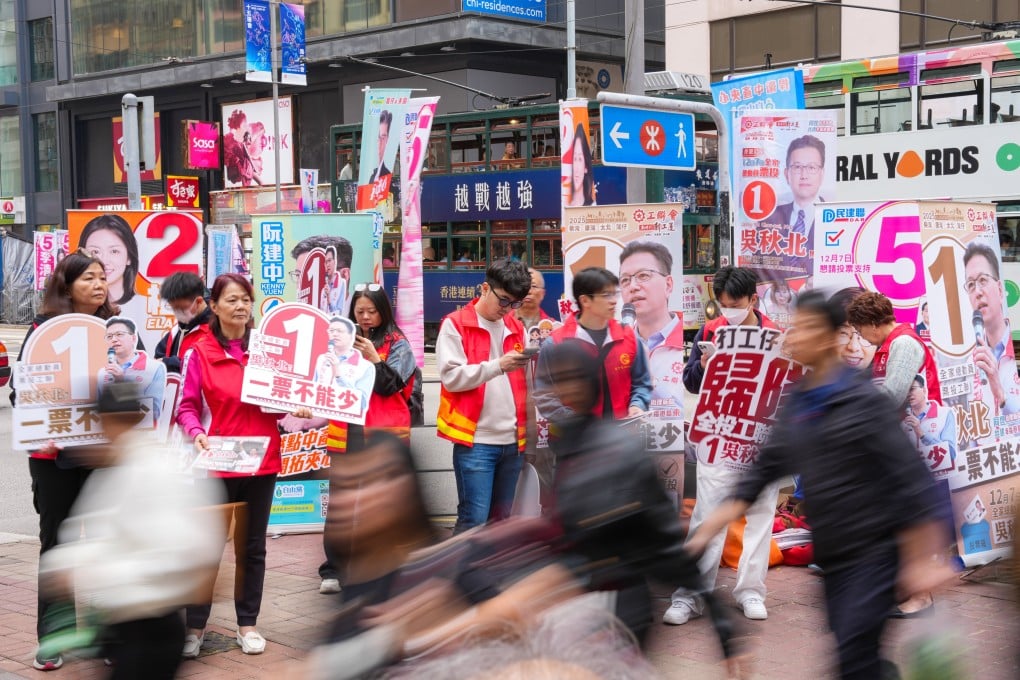 Campaign promotional materials are displayed in Wan Chai on Sunday. Photo: Karma Lo
