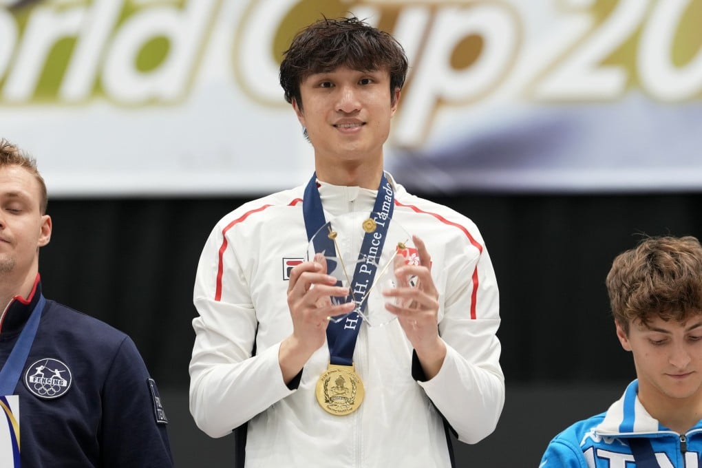 Ryan Choi stands on top of the podium after winning World Cup gold in Fukuoka. Photo: FIE