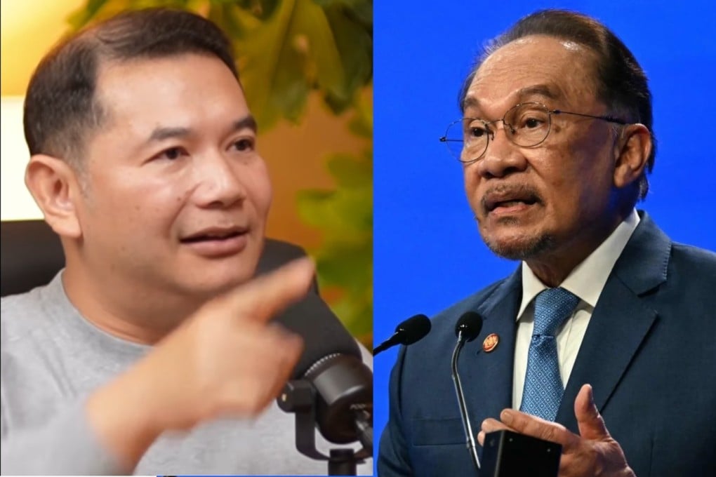 Left: Former Malaysian economy minister Rafizi Ramli on his Yang Berhenti Menteri (The Minister Who Quit) podcast. Right: Prime Minister Anwar Ibrahim. Photos: Facebook / Rafizi Ramli and AFP