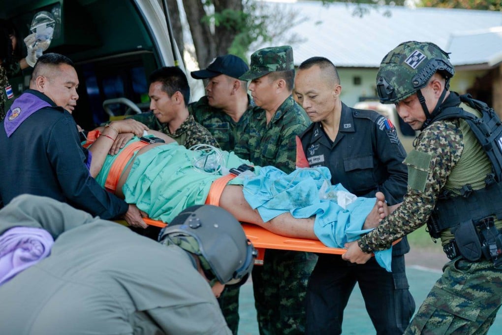 A wounded Thai soldier is transported to hospital in Sisaket province, Thailand, on Sunday. Photo: Royal Thai Army/AP
