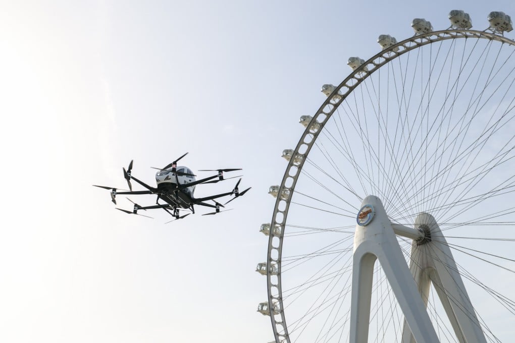 An electric vertical takeoff and landing (eVTOL) aircraft, developed by Chinese drone maker EHang, carries out a demo flight at the urban air traffic operation demonstration centre in Bao’an district, Shenzhen, on April 16. Photo: Xinhua