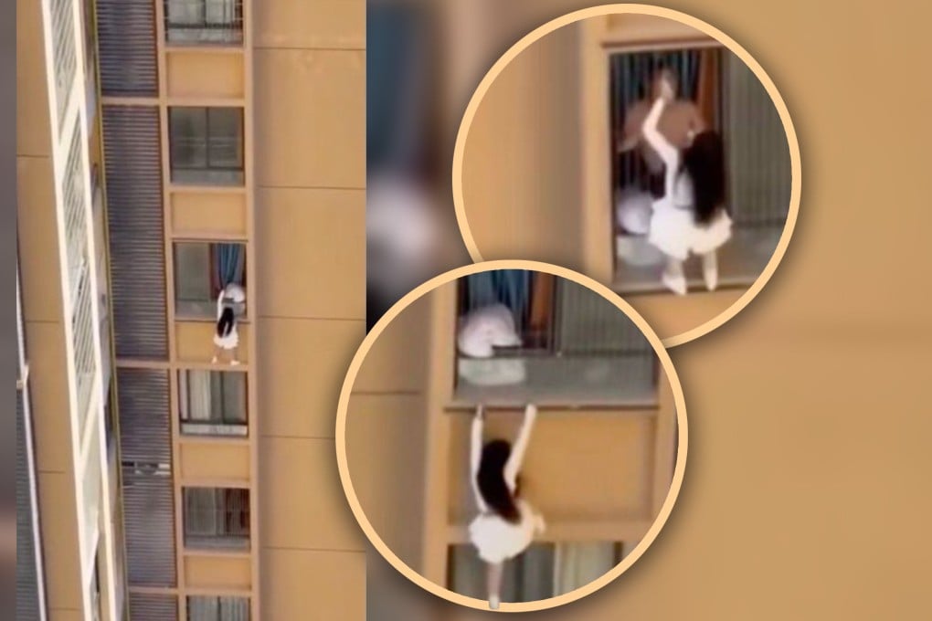 A dramatic video has surfaced showing a woman in China allegedly trying to evade her lover’s wife by scaling the exterior walls of a high-rise building. Photo: Douyin/X.com