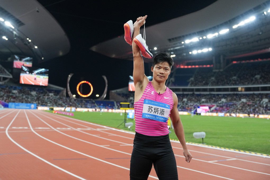 Su Bingtian after running for Guangdong in the 4x100m relay final at the National Games in Guangzhou last month. Photo: Xinhua