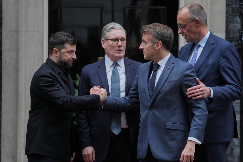 Ukrainian President Volodymyr Zelensky with Britain’s Prime Minister Keir Starmer, French President Emmanuel Macron and German Chancellor Friedrich Merz on the doorstep of 10 Downing Street in London. Photo: AP