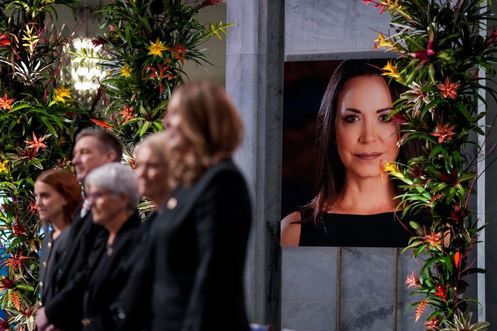 A picture of Nobel Peace Prize laureate Maria Corina Machado is displayed at Oslo City Hall on the day of the Nobel Peace Prize award ceremony on Wednesday. Photo: Reuters