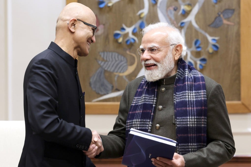 Microsoft CEO Satya Nadella (left) shakes hands with Indian Prime Minister Narendra Modi in New Delhi on Tuesday. Photo: Microsoft via AP