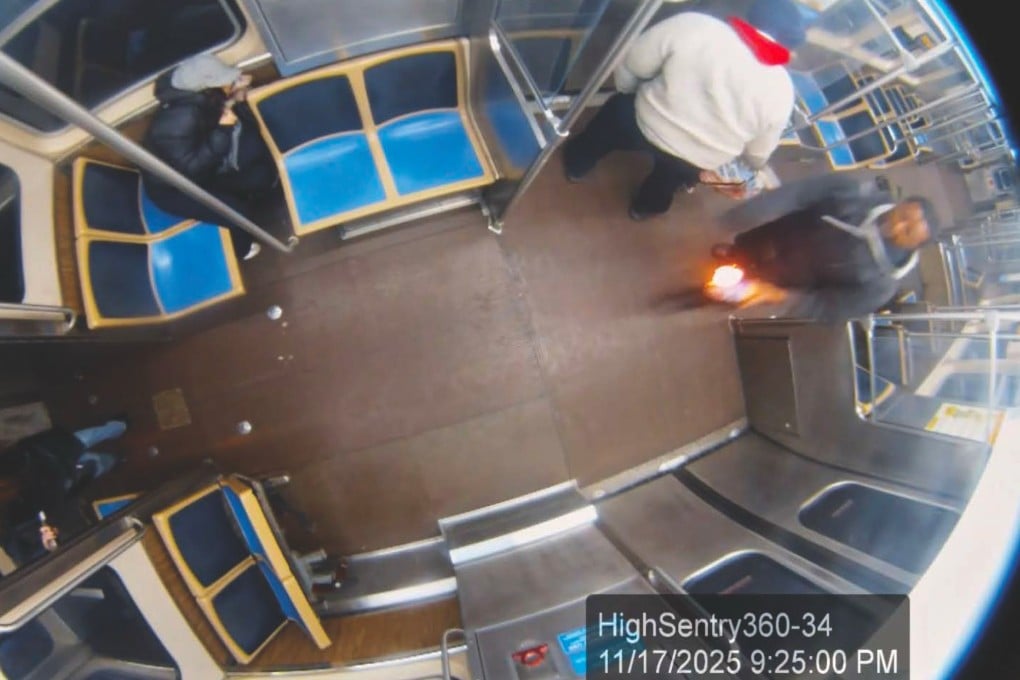 Surveillance footage shows a man holding a flaming bottle and approaching a passenger on a Chicago Blue Line train in November. Photo: Chicago Transit Authority/US District Court Northern District of Illinois via AP