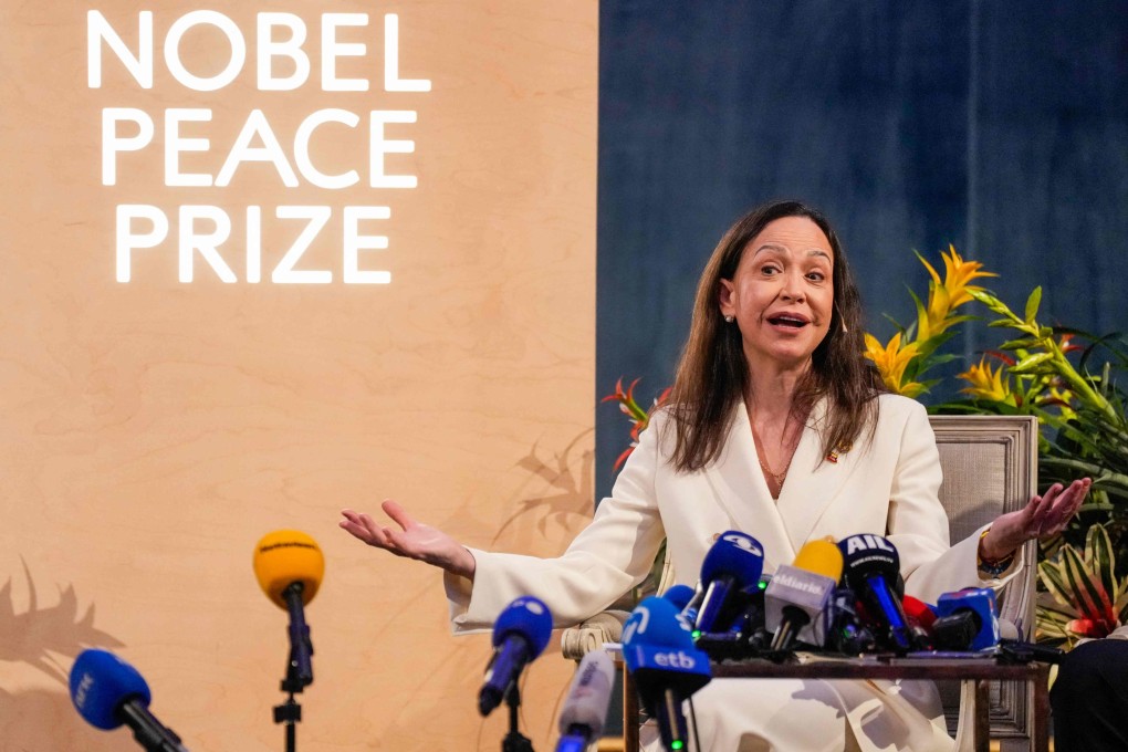 Nobel peace laureate Maria Corina Machado addresses a press conference at the Grand Hotel in Oslo, Norway, on Thursday. Photo: AFP