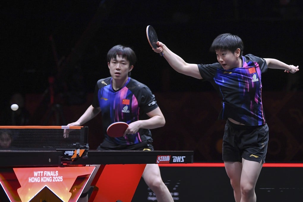 Wang Chuqin (left) and Sun Yingsha in action during their mixed doubles Group 1 match against compatriots Lin Shidong and Kuai Man. Photo: Xinhua