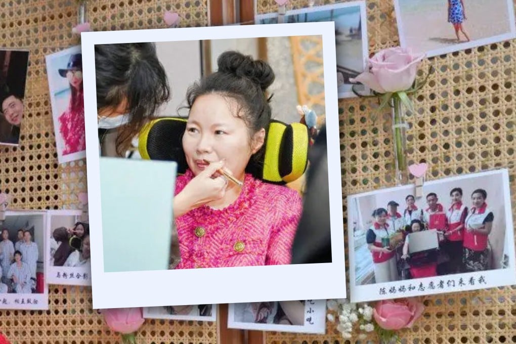 A Chinese woman in her 40s, who has battled ALS for eight years, held a farewell party at a funeral home to say goodbye to her family and friends. Photo: SCMP composite/QQ.com