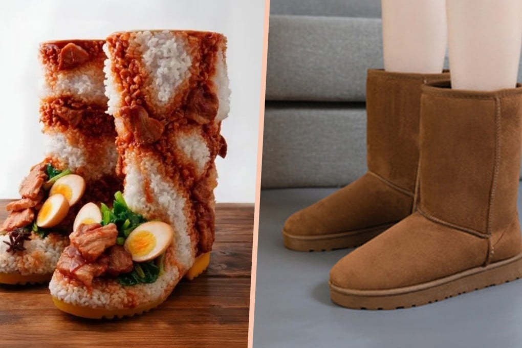 A Japanese city has launched wearable boots which resemble the iconic Taiwan-style braised pork rice dish. Photo: SCMP composite/Taobao/rakuten.co.jp