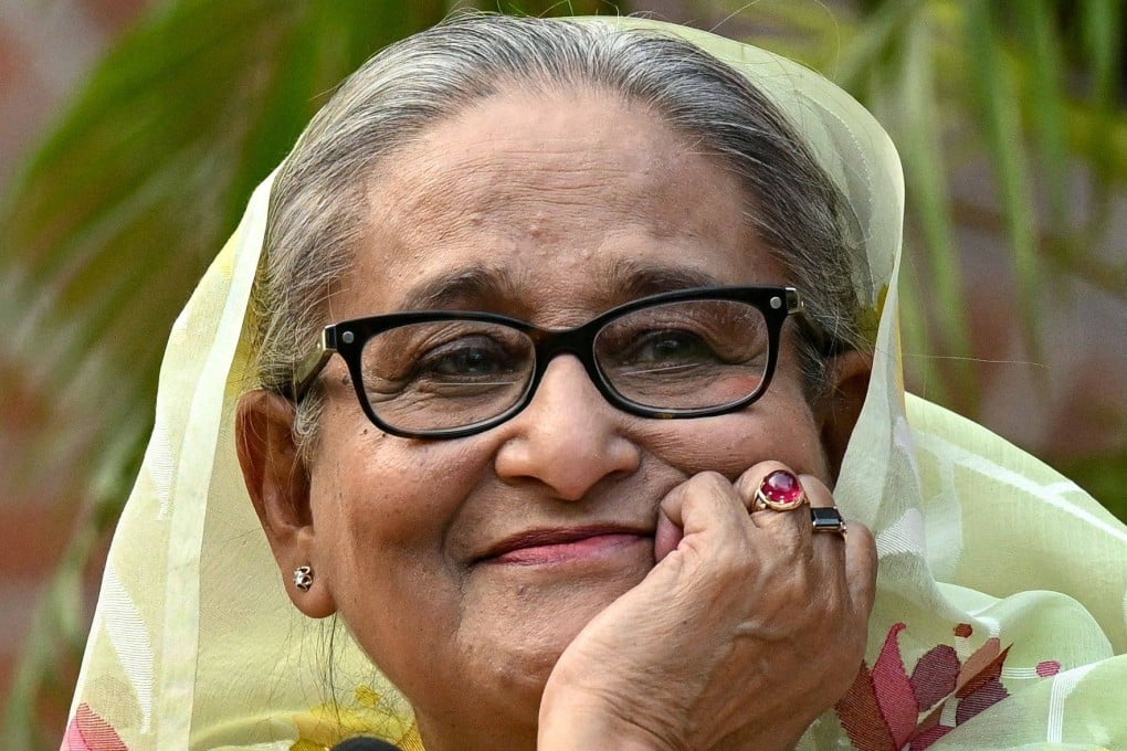 Bangladesh’s then prime minister Sheikh Hasina  speaking to the media in Dhaka in early 2024. She has been sentenced to death in absentia for crimes against humanity by a Bangladeshi court. Photo: AFP