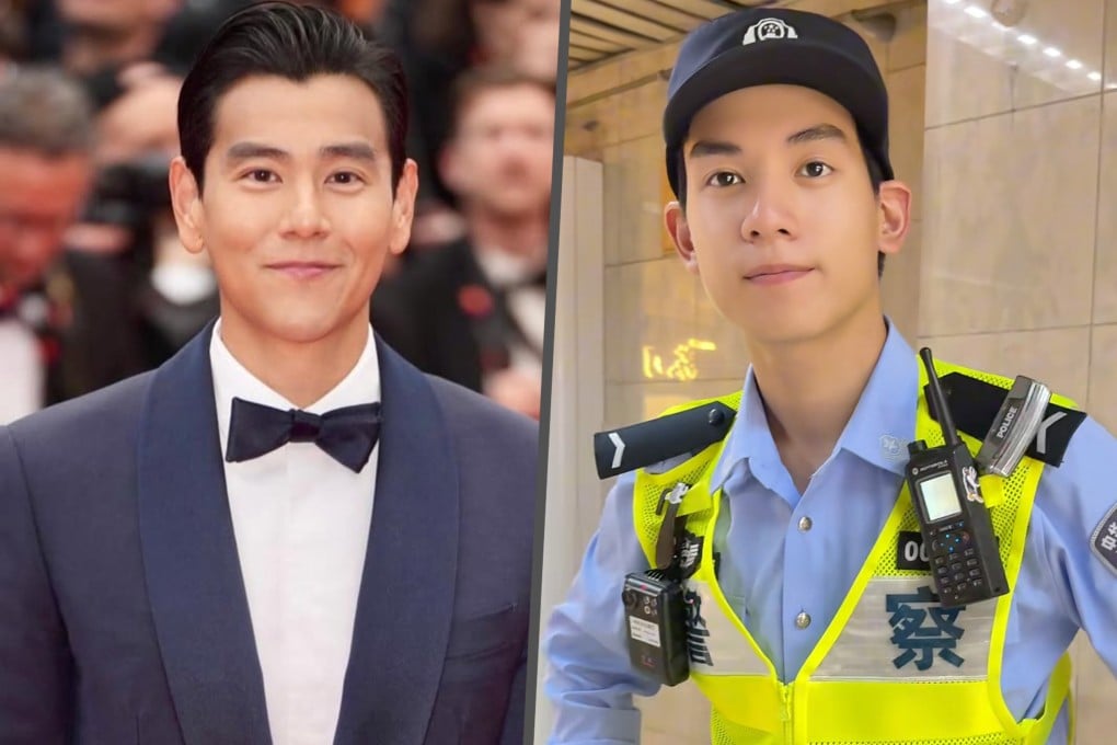 A rookie police officer in China who resembles Taiwan actor Eddie Peng has gone viral, with his video attracting more than one million likes. Photo: SCMP composite/RedNote/IG@yuyanpeng
