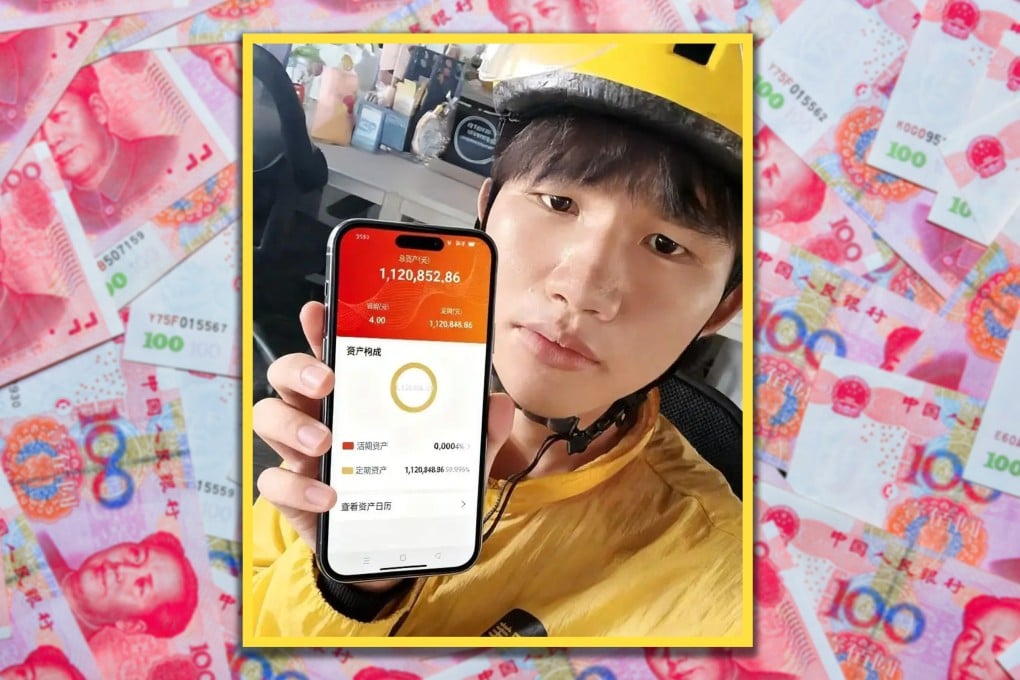 A 25-year-old food delivery rider in China who has saved US$160,000 over five years says he is proud of his hard work and ability to pay off debts. Photo: SCMP composite/Shutterstock/Douyin