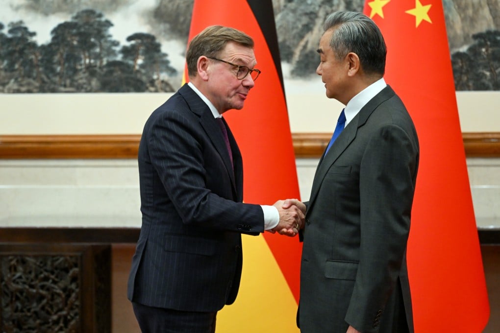 Chinese Foreign Minister Wang Yi (right) meets with his German counterpart, Johann Wadephul, in Beijing on Monday. Photo: DPA
