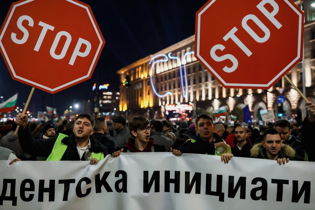 Protesters march during an anti-government rally in Sofia, Bulgaria, on Wednesday. Photo: EPA