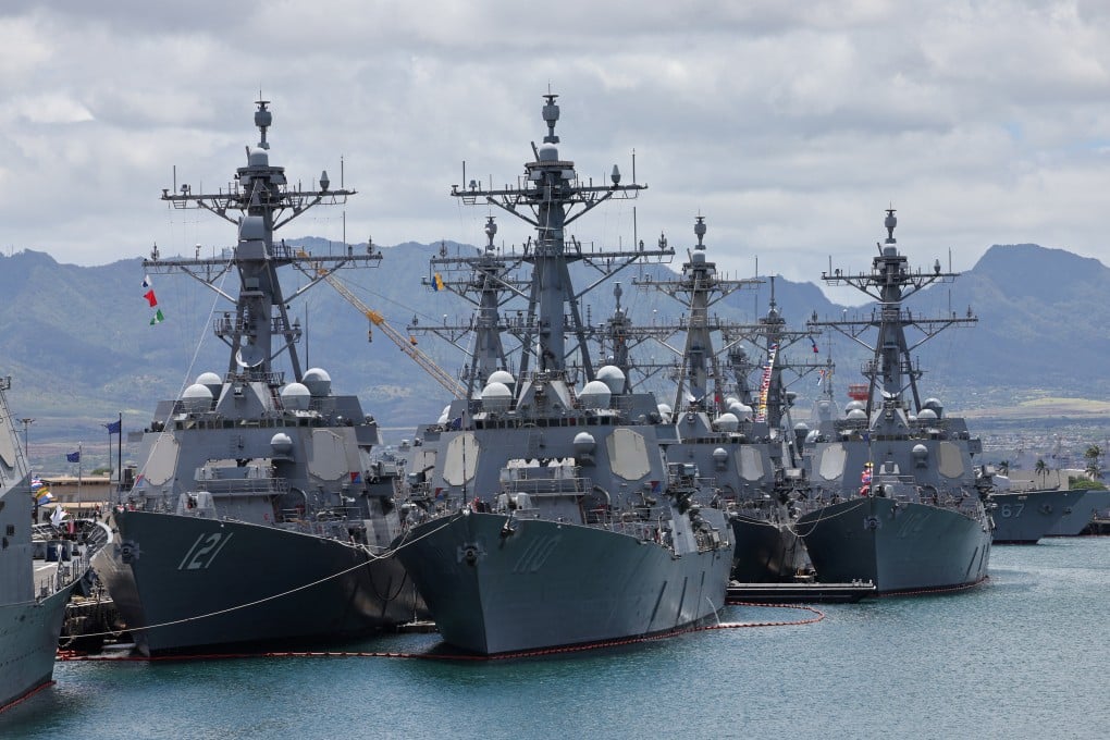 Some of the naval ships taking part in the 2024 Rimpac exercises, as seen from the Japanese JS Kunisaki. Photo: Reuters