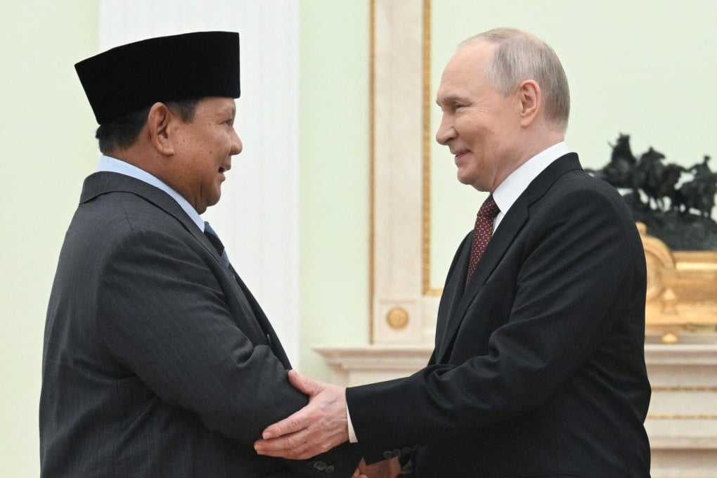 Russian President Vladimir Putin shakes hands with Indonesian President Prabowo Subianto ahead of their meeting at the Kremlin on Wednesday. Photo: dpa