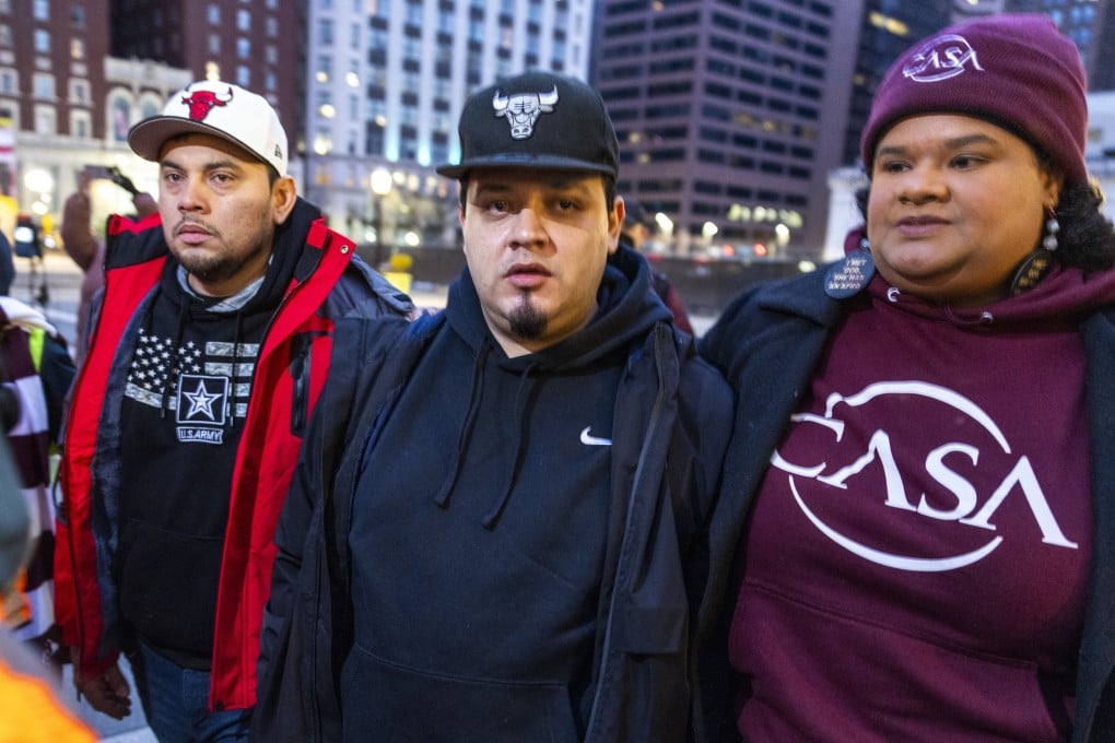 Kilmar Abrego Garcia (centre) arrives for a rally prior to his check in at an ICE field office in Baltimore on Friday. Photo: EPA